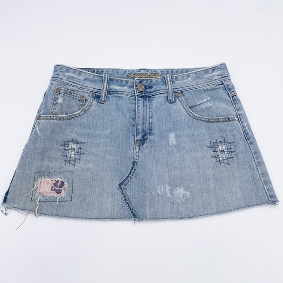 American Eagle Y2K 2000s Distressed Patchwork Denim Micro Mini Skirt Low Rise 6 - Picture 3 of 12